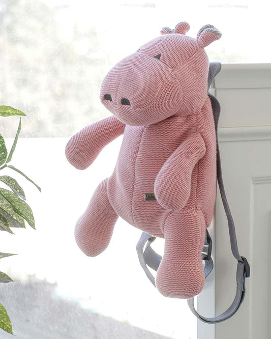 Pluchi Happy Hippo Backpack-Soft Knitted Cotton Bag-with Adjustable Straps-Pink-for Toddlers