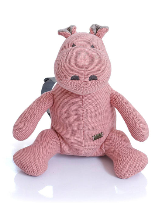 Pluchi Happy Hippo Backpack-Soft Knitted Cotton Bag-with Adjustable Straps-Pink-for Toddlers