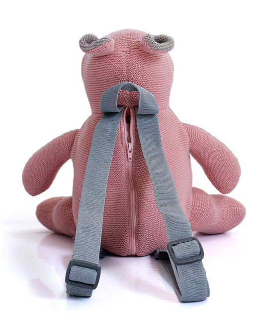 Pluchi Happy Hippo Backpack-Soft Knitted Cotton Bag-with Adjustable Straps-Pink-for Toddlers