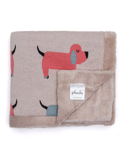 Pluchi Scottie Dog Knitted Baby Blanket-Combed Cotton Blanket with Faux Fur Back-Natural-For Infants