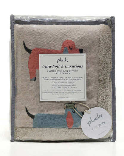 Pluchi Scottie Dog Knitted Baby Blanket-Combed Cotton Blanket with Faux Fur Back-Natural-For Infants