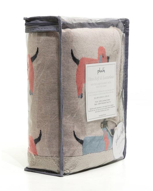 Pluchi Scottie Dog Knitted Baby Blanket-Combed Cotton Blanket with Faux Fur Back-Natural-For Infants