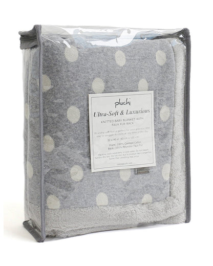 Pluchi Fun with Dots Knitted Baby Blanket-Combed Cotton Blanket with Faux Fur Back-Grey-For Infants