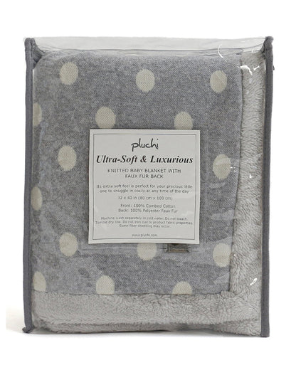 Pluchi Fun with Dots Knitted Baby Blanket-Combed Cotton Blanket with Faux Fur Back-Grey-For Infants