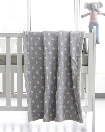 Pluchi Fun with Dots Knitted Baby Blanket-Combed Cotton Blanket with Faux Fur Back-Grey-For Infants