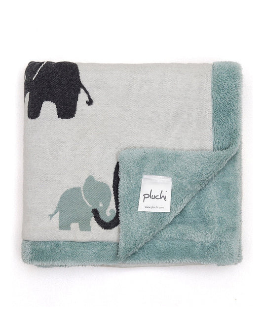 Pluchi Indian Elephant Knitted Baby Blanket-Combed Cotton Blanket with Faux Fur Back-Pastel Green-For Infants