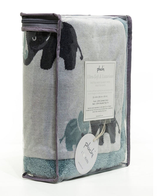 Pluchi Indian Elephant Knitted Baby Blanket-Combed Cotton Blanket with Faux Fur Back-Pastel Green-For Infants