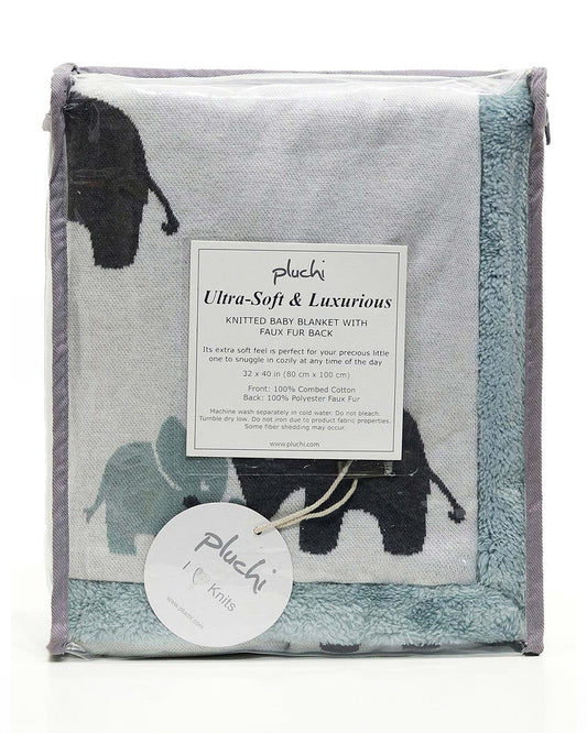 Pluchi Indian Elephant Knitted Baby Blanket-Combed Cotton Blanket with Faux Fur Back-Pastel Green-For Infants