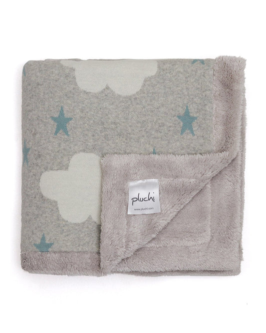 Pluchi Cloud & Stars Knitted Baby Blanket-Combed Cotton Blanket with Faux Fur Back-Pastel Green-For Infants