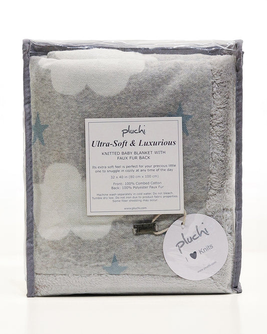 Pluchi Cloud & Stars Knitted Baby Blanket-Combed Cotton Blanket with Faux Fur Back-Pastel Green-For Infants