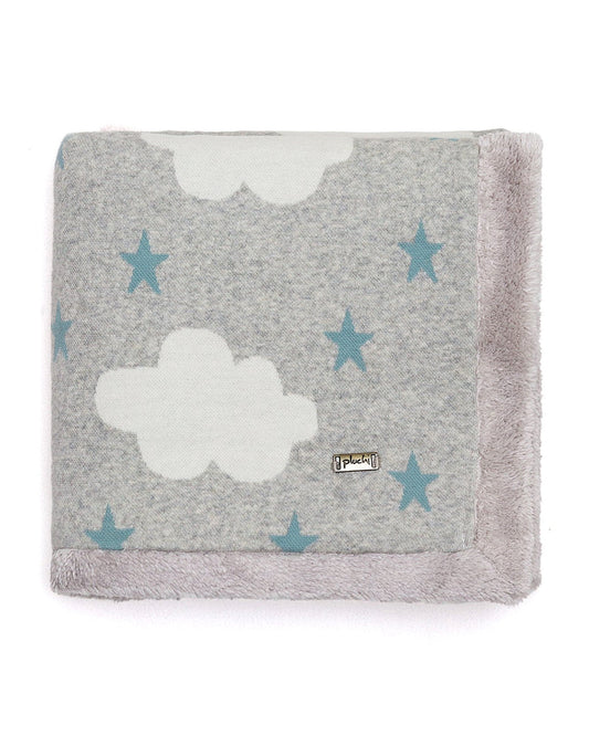 Pluchi Cloud & Stars Knitted Baby Blanket-Combed Cotton Blanket with Faux Fur Back-Pastel Green-For Infants