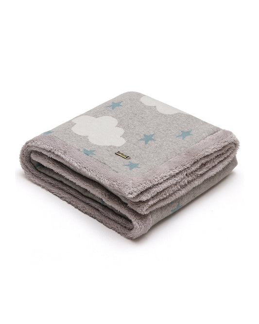 Pluchi Cloud & Stars Knitted Baby Blanket-Combed Cotton Blanket with Faux Fur Back-Pastel Green-For Infants