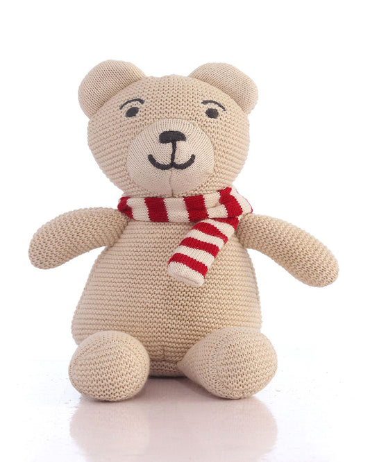 Pluchi Natural & Red Mumma Bear-Promotes Tactile Stimulation-Easily Washable-Knitted Soft Toy-Plush Cuddly Toy For Newborn