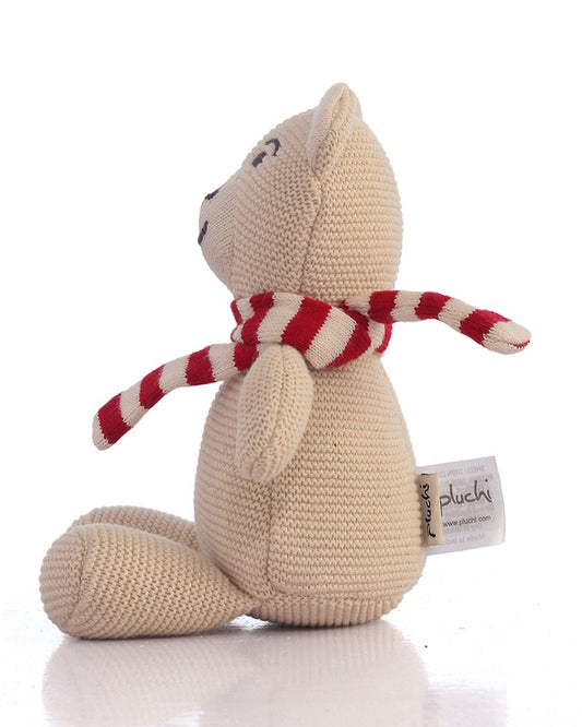 Pluchi Natural & Red Mumma Bear-Promotes Tactile Stimulation-Easily Washable-Knitted Soft Toy-Plush Cuddly Toy For Newborn