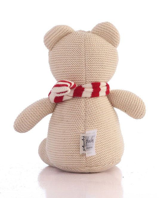 Pluchi Natural & Red Mumma Bear-Promotes Tactile Stimulation-Easily Washable-Knitted Soft Toy-Plush Cuddly Toy For Newborn