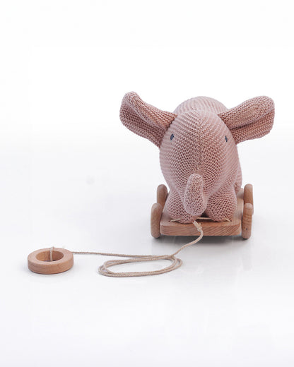 Pluchi Pale Pink Elephant with Wooden Cart-Soft & Cuddly-Easy to Wash-Improves Motor Skills-Knitted Push & Pull Toy-9M+