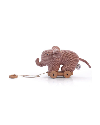Pluchi Pale Pink Elephant with Wooden Cart-Soft & Cuddly-Easy to Wash-Improves Motor Skills-Knitted Push & Pull Toy-9M+