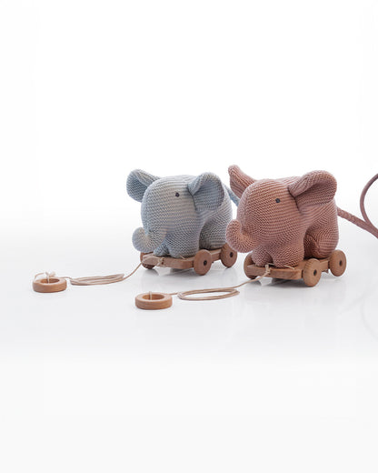 Pluchi Pale Pink Elephant with Wooden Cart-Soft & Cuddly-Easy to Wash-Improves Motor Skills-Knitted Push & Pull Toy-9M+