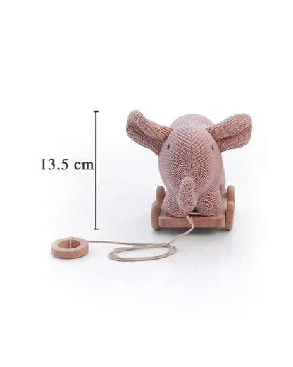 Pluchi Pale Pink Elephant with Wooden Cart-Soft & Cuddly-Easy to Wash-Improves Motor Skills-Knitted Push & Pull Toy-9M+