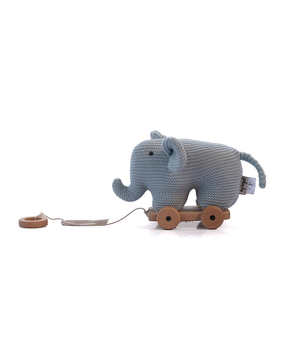 Pluchi Light Blue Elephant with Wooden Cart-Soft & Cuddly-Easy to Wash-Improves Motor Skills-Knitted Push & Pull Toy-9M+