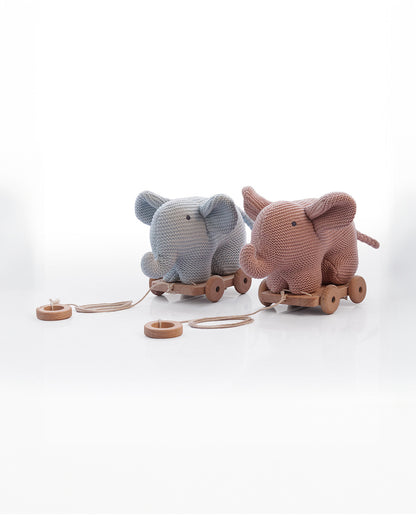 Pluchi Light Blue Elephant with Wooden Cart-Soft & Cuddly-Easy to Wash-Improves Motor Skills-Knitted Push & Pull Toy-9M+