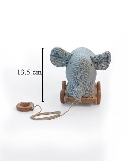 Pluchi Light Blue Elephant with Wooden Cart-Soft & Cuddly-Easy to Wash-Improves Motor Skills-Knitted Push & Pull Toy-9M+