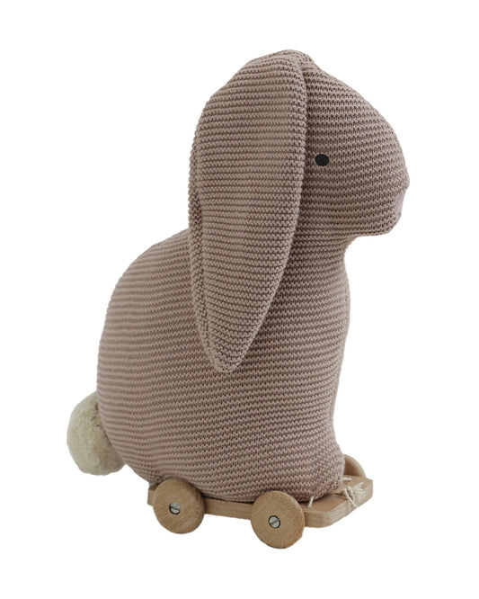 Pluchi Pale Pink Bunny with Wooden Cart-Soft & Cuddly-Easy to Wash-Improves Motor Skills-Knitted Push & Pull Toy-9M+