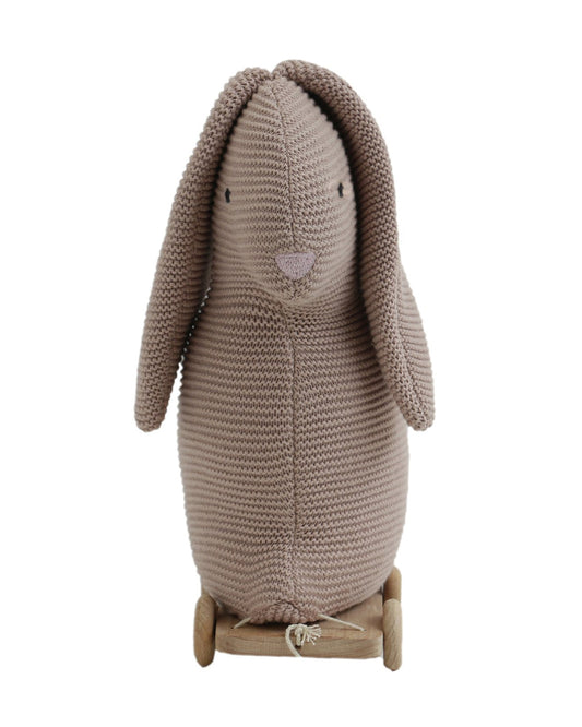 Pluchi Pale Pink Bunny with Wooden Cart-Soft & Cuddly-Easy to Wash-Improves Motor Skills-Knitted Push & Pull Toy-9M+