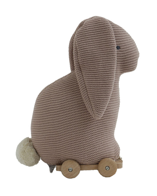 Pluchi Pale Pink Bunny with Wooden Cart-Soft & Cuddly-Easy to Wash-Improves Motor Skills-Knitted Push & Pull Toy-9M+