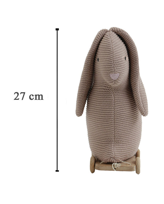 Pluchi Pale Pink Bunny with Wooden Cart-Soft & Cuddly-Easy to Wash-Improves Motor Skills-Knitted Push & Pull Toy-9M+