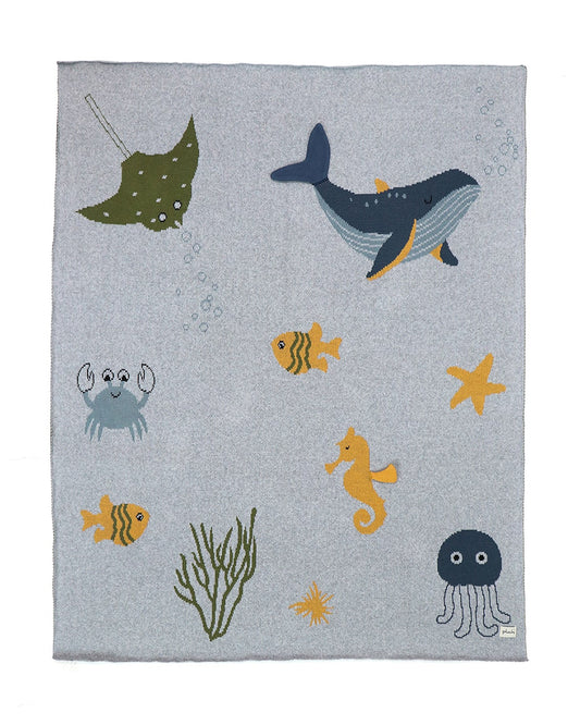 Pluchi Wonders of the Sea Knitted Baby Blanket-100% Cotton-Light Grey-For Infants