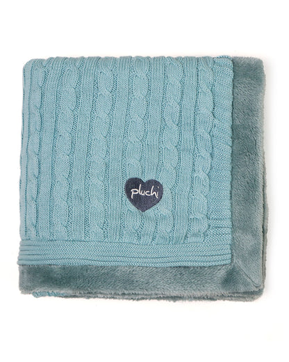 Pluchi Cable Knit Knitted Baby Blanket-Combed Cotton Blanket with Faux Fur Back-Light Blue-For Infants
