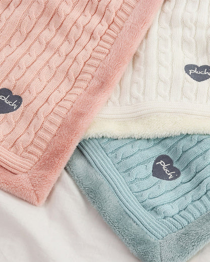 Pluchi Cable Knit Knitted Baby Blanket-Combed Cotton Blanket with Faux Fur Back-Light Blue-For Infants