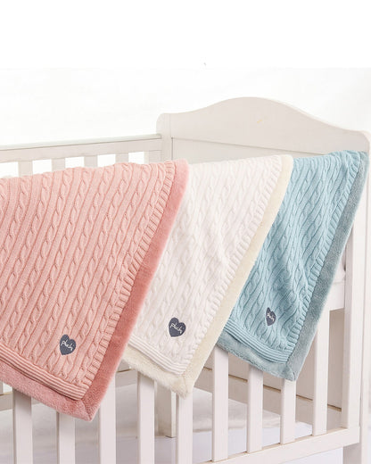 Pluchi Cable Knit Knitted Baby Blanket-Combed Cotton Blanket with Faux Fur Back-Light Blue-For Infants