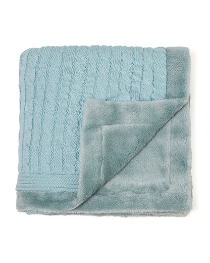 Pluchi Cable Knit Knitted Baby Blanket-Combed Cotton Blanket with Faux Fur Back-Light Blue-For Infants