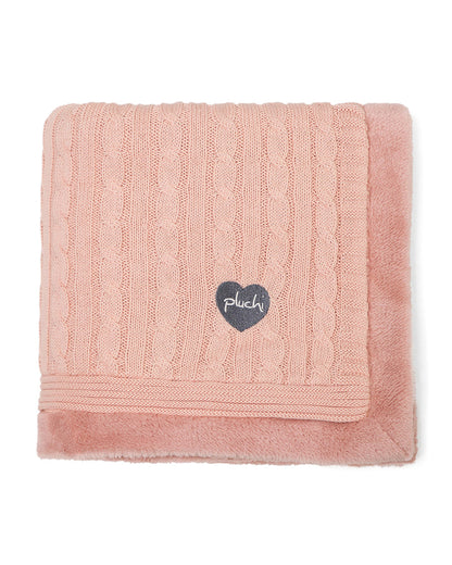 Pluchi Cable Knit Knitted Baby Blanket-Combed Cotton Blanket with Faux Fur Back-Peach Pink-For Infants