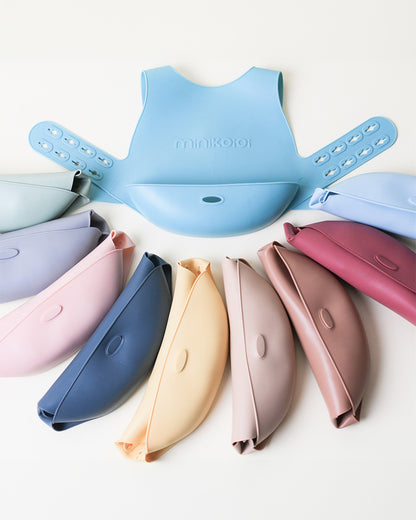 MinikOiOi Flexi Silicone Bib-With Unique Belt Fastening Design-Crumb Catcher-Velvet Rose-For Infants