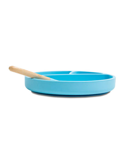 MinikOiOi Portions Silicone Plate-With Secure Suction Base-Mineral Blue-For Feeding Infants