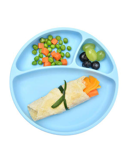 MinikOiOi Portions Silicone Plate-With Secure Suction Base-Mineral Blue-For Feeding Infants