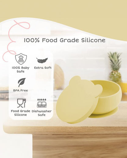 MinikOiOi Bowly Silicone Bowl with Lid-Secure Suction Base-Microwave Safe-Mellow Yellow-For Feeding Infants