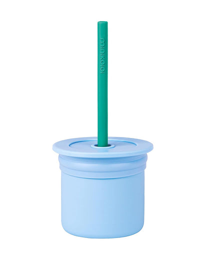 MinikOiOi Sip+Snack Silicone Snack Cup with 2 Lids & 1 Straw-Mineral Blue & Aqua Green-For Infants