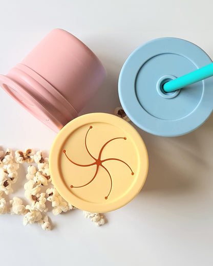 MinikOiOi Sip+Snack Silicone Snack Cup with 2 Lids & 1 Straw-Mineral Blue & Aqua Green-For Infants