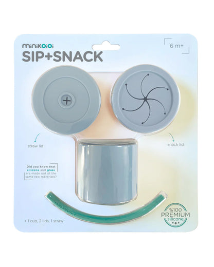 MinikOiOi Sip+Snack Silicone Snack Cup with 2 Lids & 1 Straw-Mineral Blue & Aqua Green-For Infants