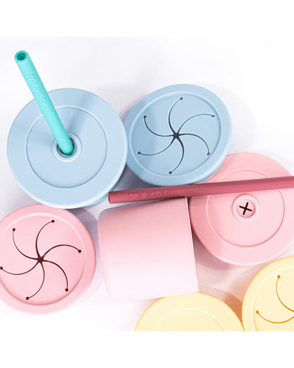 MinikOiOi Sip+Snack Silicone Snack Cup with 2 Lids & 1 Straw-Mineral Blue & Aqua Green-For Infants