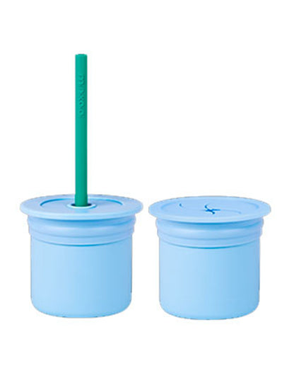 MinikOiOi Sip+Snack Silicone Snack Cup with 2 Lids & 1 Straw-Mineral Blue & Aqua Green-For Infants