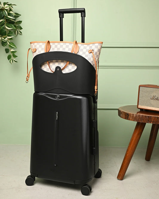 Miamily Midnight Black Ride On Trolley Carry On Luggage-Swiss Design-with 3 Digit Lock and Built in Seat for Kids & Adults