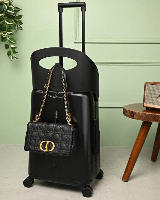 Miamily Midnight Black Ride On Trolley Carry On Luggage-Swiss Design-with 3 Digit Lock and Built in Seat for Kids & Adults