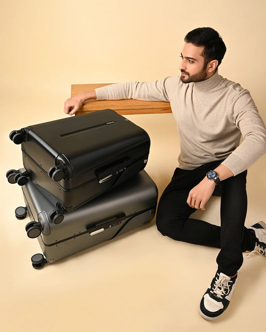 Miamily Midnight Black Ride On Trolley Carry On Luggage-Swiss Design-with 3 Digit Lock and Built in Seat for Kids & Adults