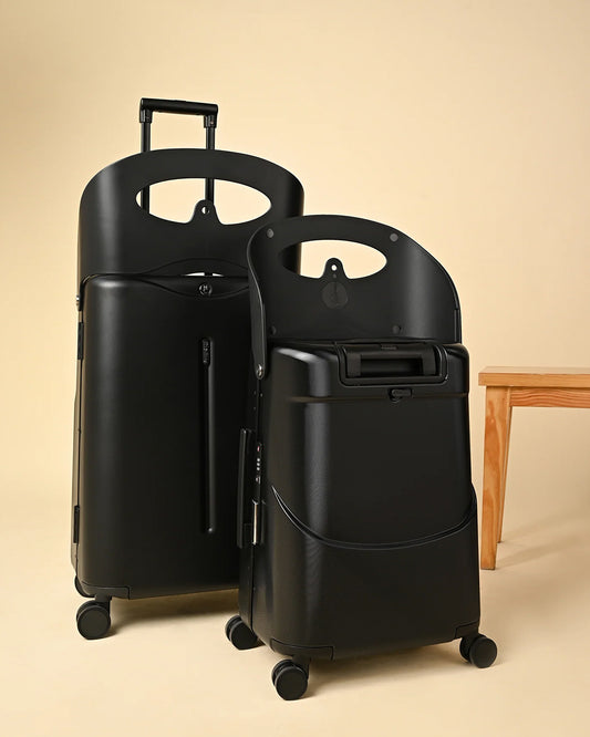 Miamily Midnight Black Ride On Trolley Carry On Luggage-Swiss Design-with 3 Digit Lock and Built in Seat for Kids & Adults