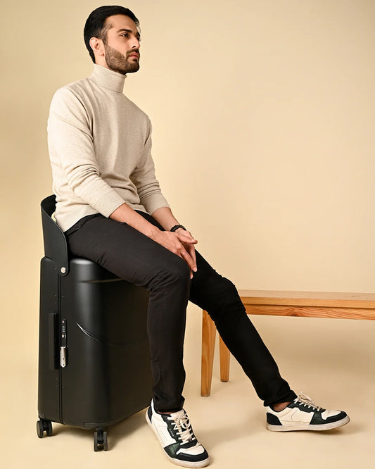 Miamily Midnight Black Ride On Trolley Carry On Luggage-Swiss Design-with 3 Digit Lock and Built in Seat for Kids & Adults